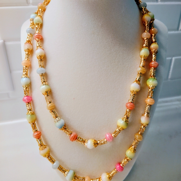 Jewelry - Multicolor Pastel Acrylic Beaded Necklace with Gold-tone Accents
